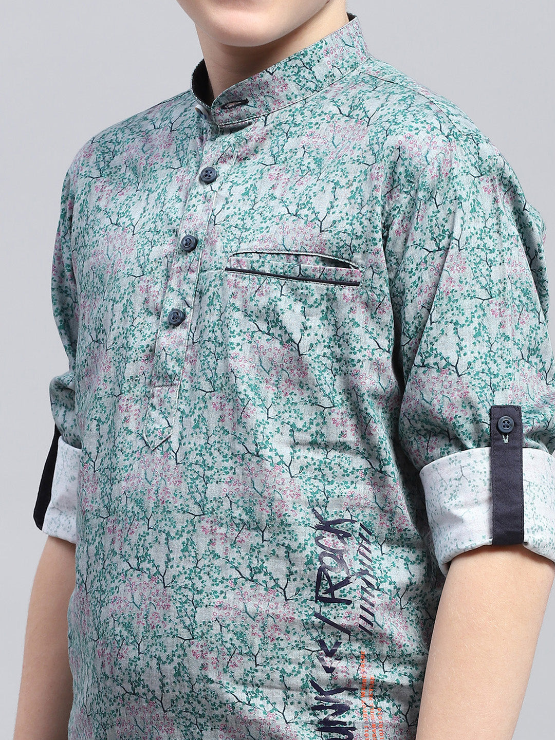 Boys Green Printed Band Collar Full Sleeve Shirt