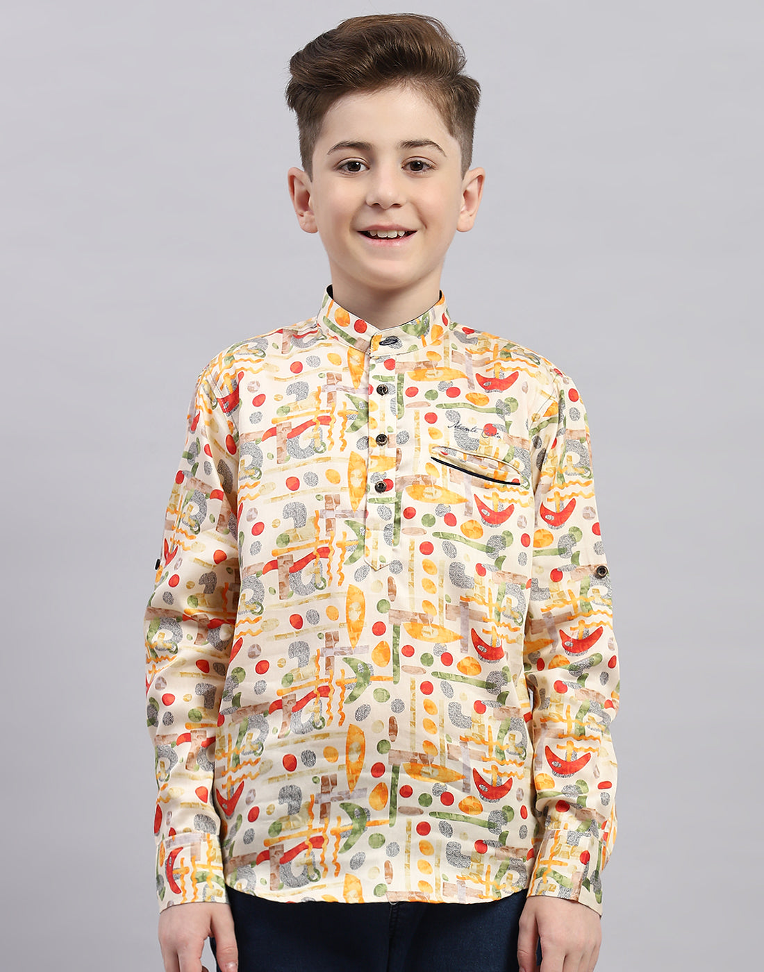 Boys Orange Printed Collar Full Sleeve Shirt