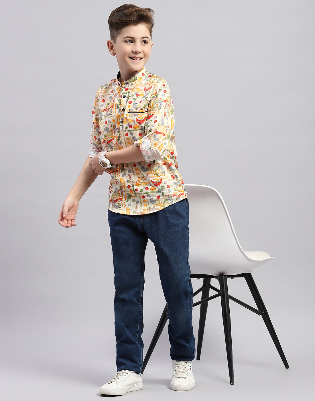 Boys Orange Printed Collar Full Sleeve Shirt