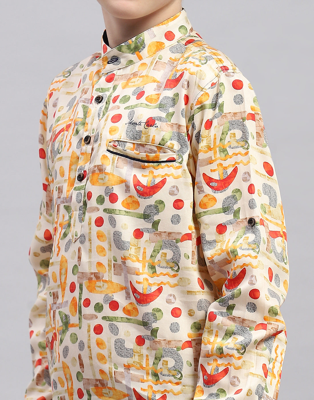 Boys Orange Printed Collar Full Sleeve Shirt