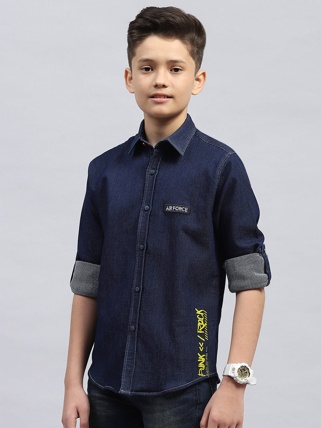 Boys Blue Solid Collar Full Sleeve Shirt