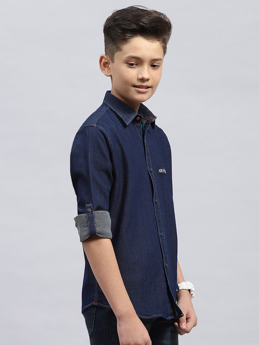 Boys Blue Solid Collar Full Sleeve Shirt