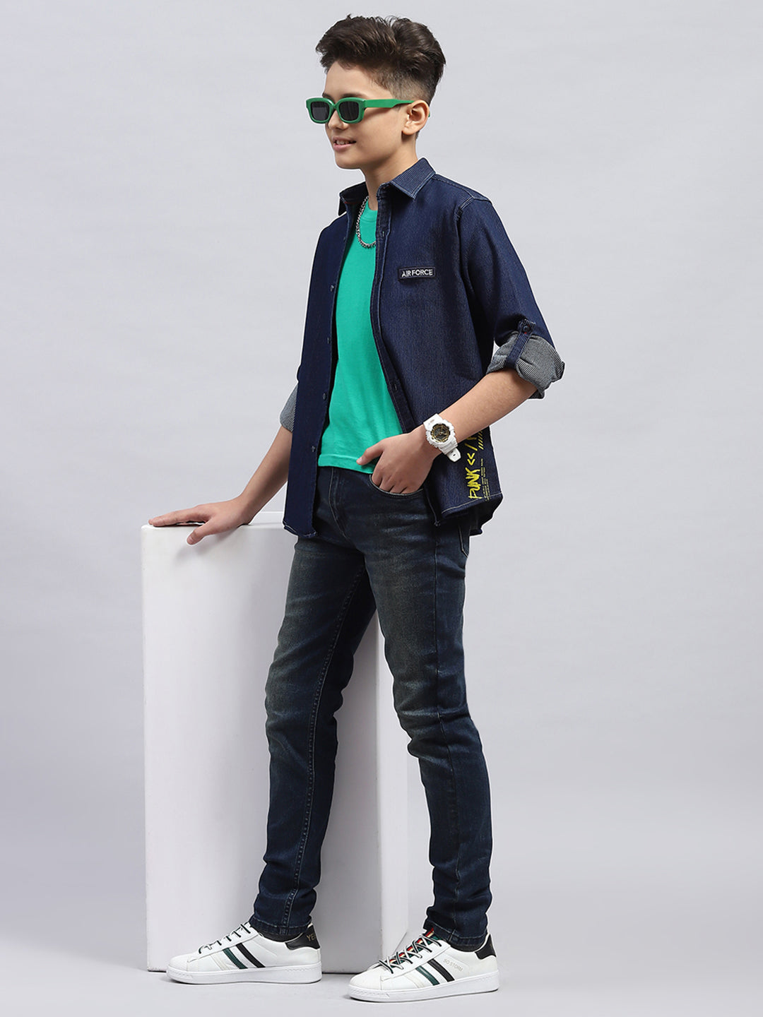 Boys Blue Solid Collar Full Sleeve Shirt