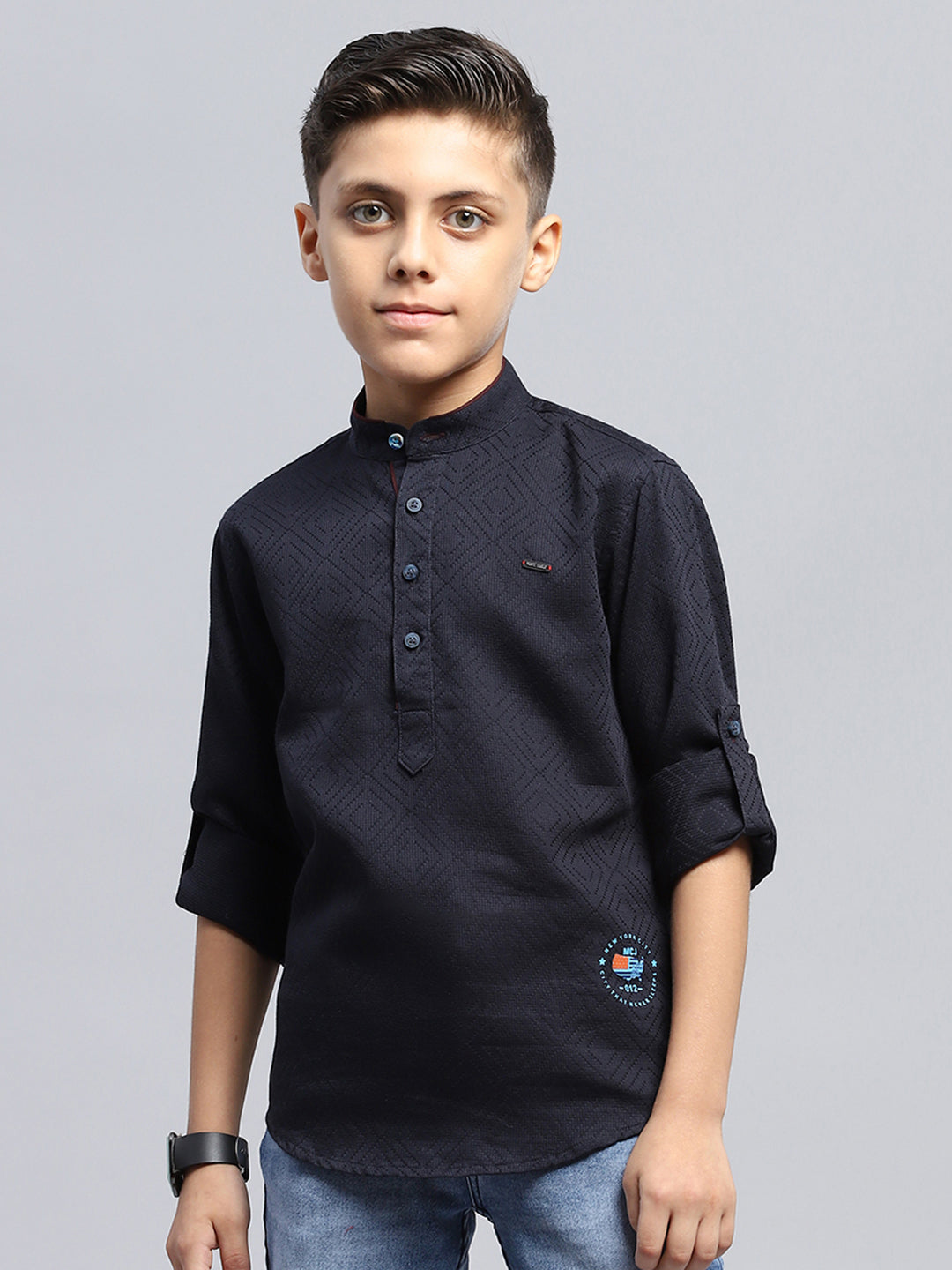 Boys Navy Blue Self Design Band Collar Full Sleeve Shirt