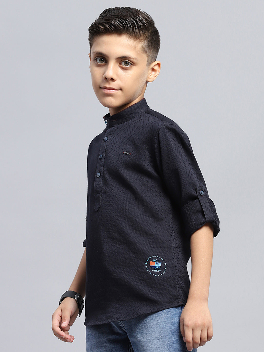 Boys Navy Blue Self Design Band Collar Full Sleeve Shirt
