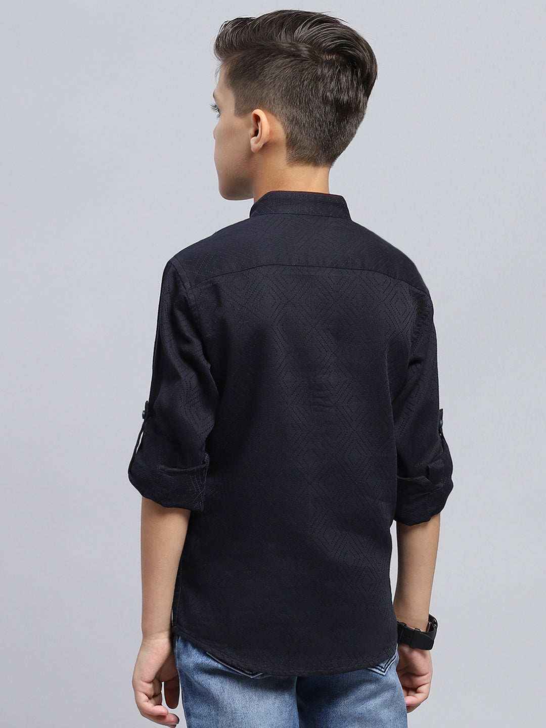Boys Navy Blue Self Design Band Collar Full Sleeve Shirt