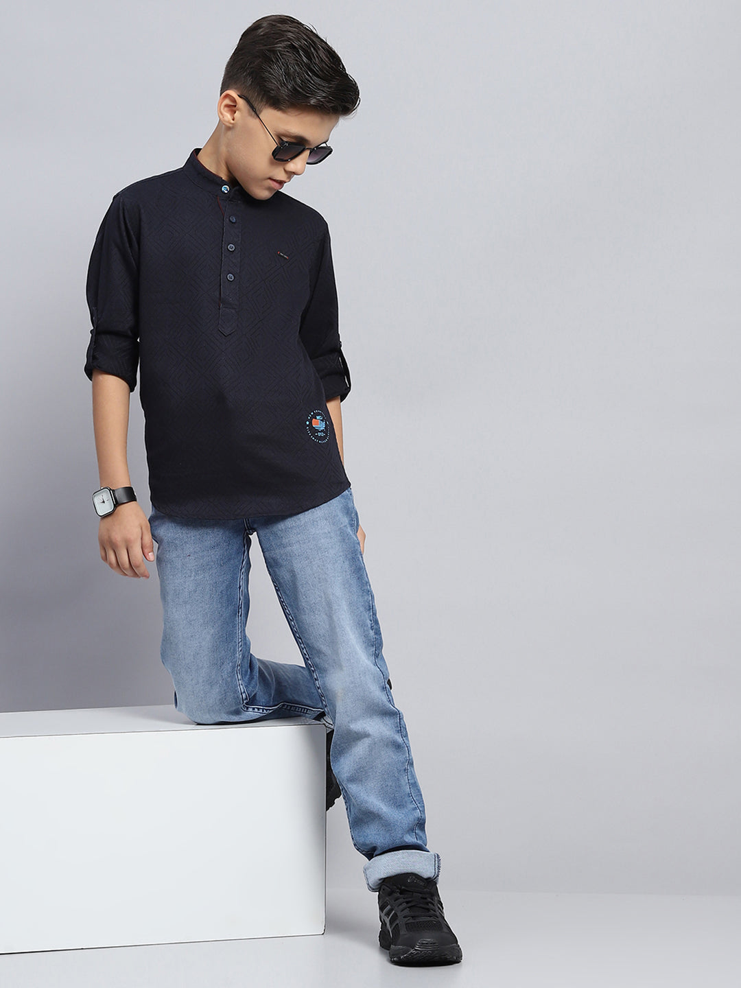 Boys Navy Blue Self Design Band Collar Full Sleeve Shirt