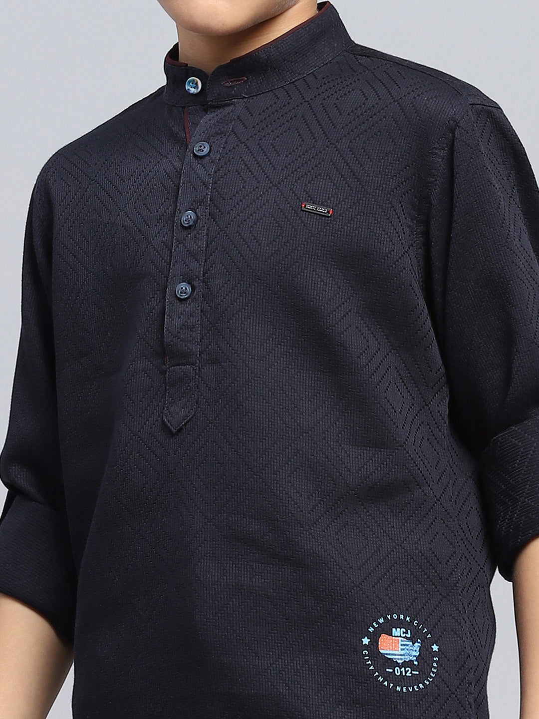 Boys Navy Blue Self Design Band Collar Full Sleeve Shirt