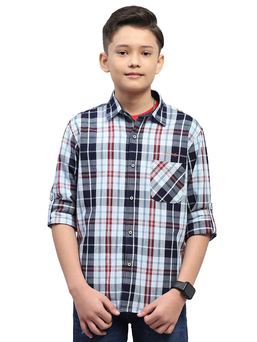 Boys Red & Blue Check Collar Full Sleeve Shirt
