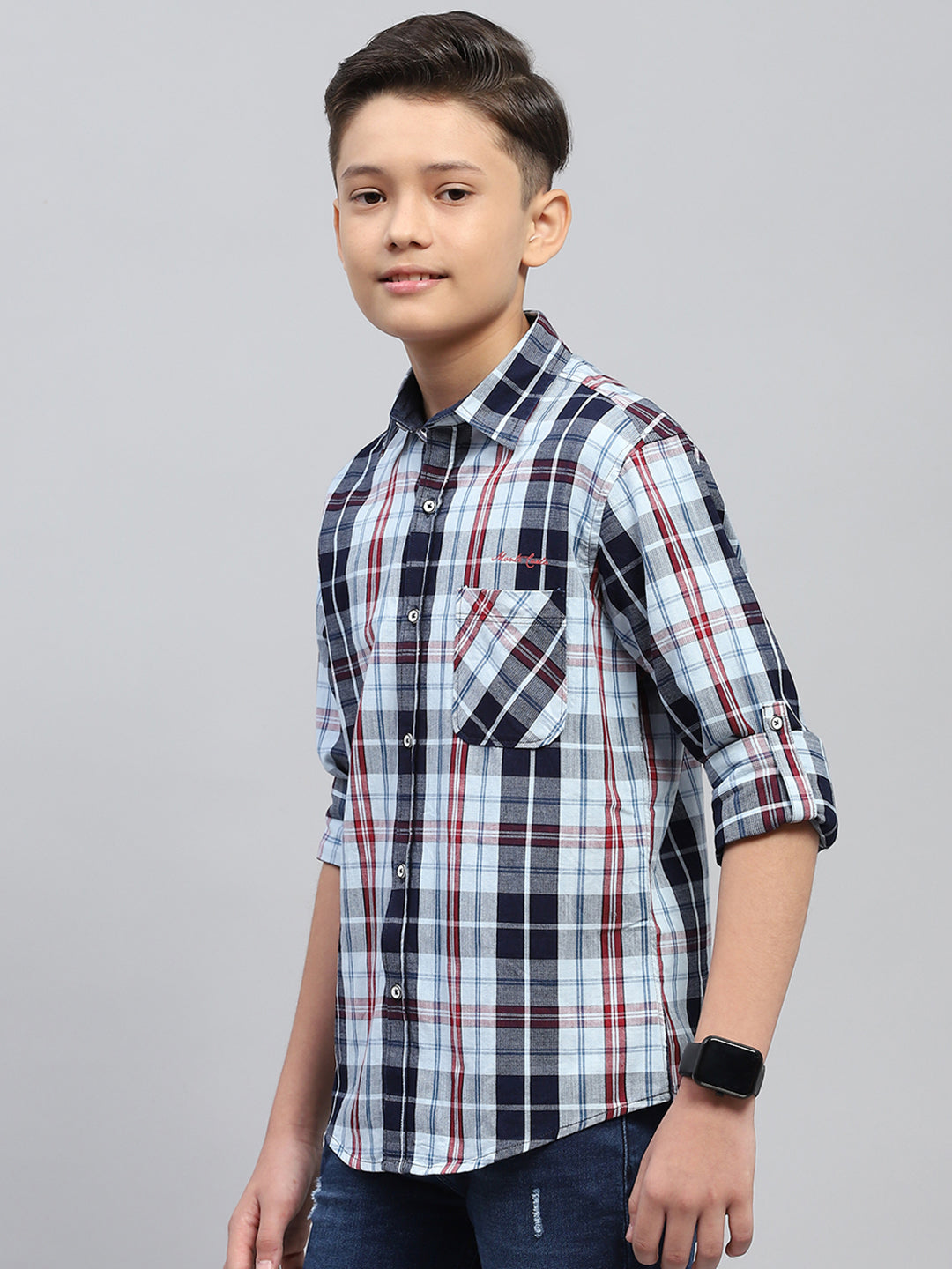Boys Red & Blue Check Collar Full Sleeve Shirt