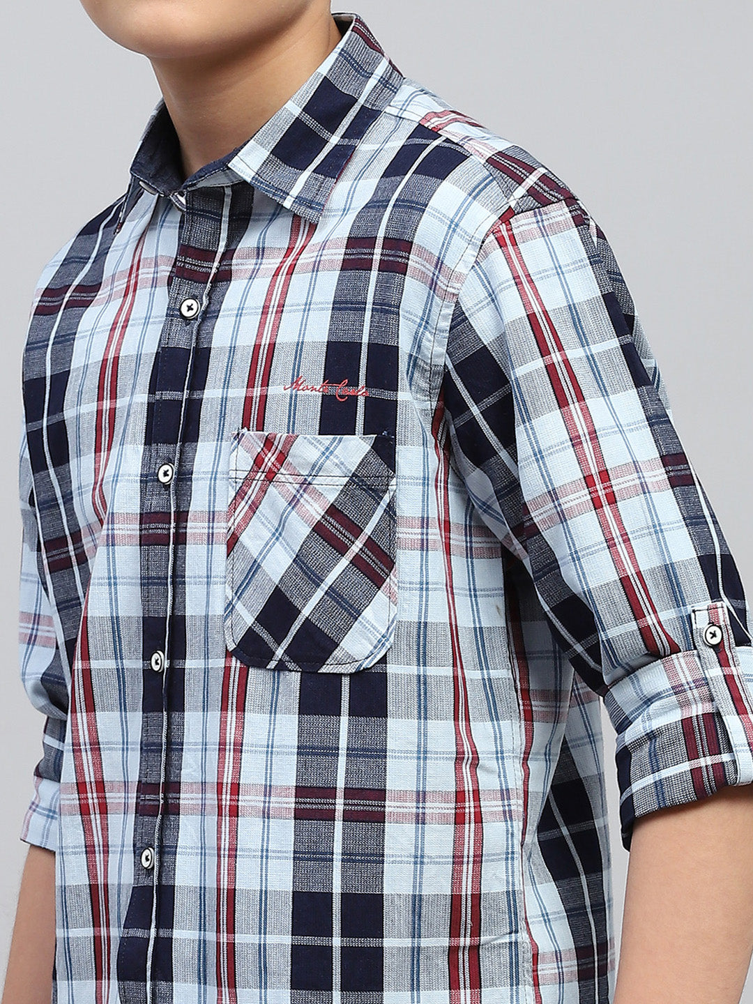 Boys Red & Blue Check Collar Full Sleeve Shirt