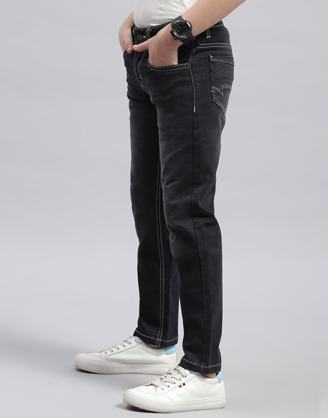 Boys Grey Black Solid Slim Fit Denim