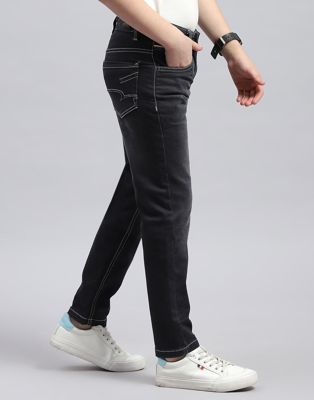 Boys Grey Black Solid Slim Fit Denim