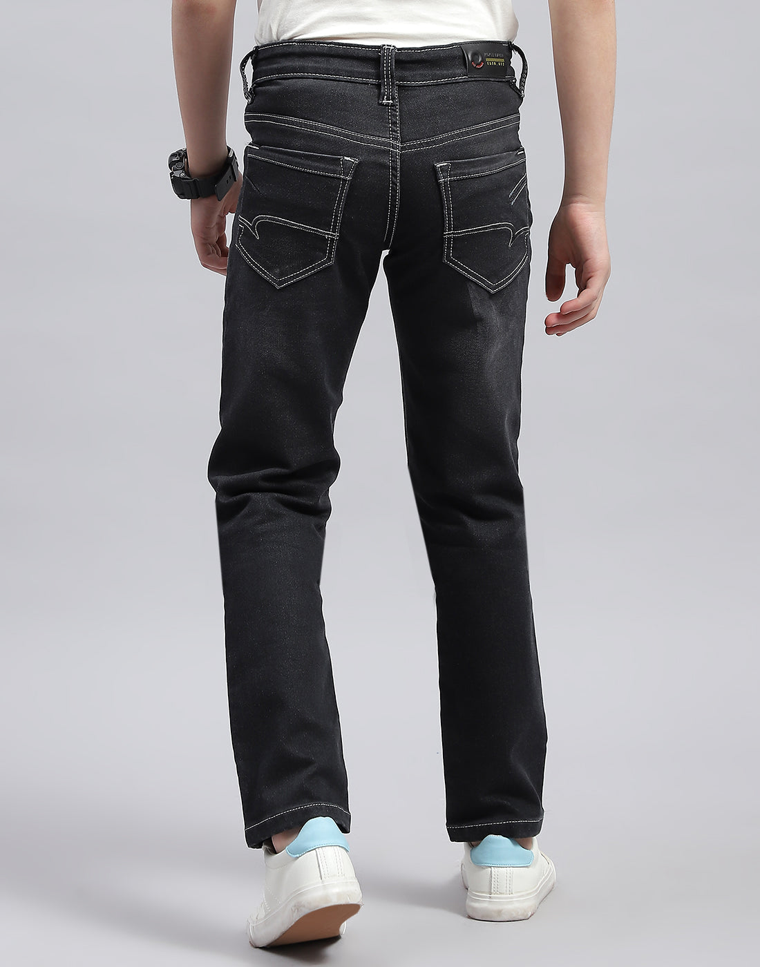 Boys Grey Black Solid Slim Fit Denim