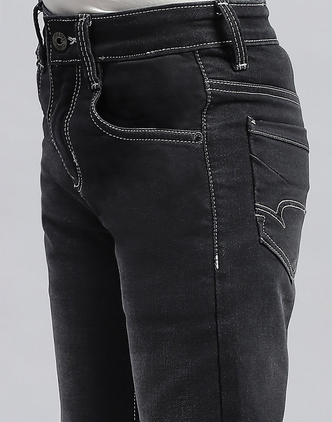 Boys Grey Black Solid Slim Fit Denim