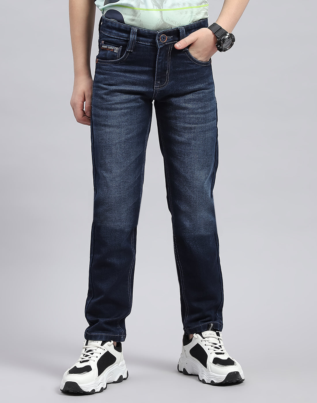 Boys Dark Blue Solid Slim Fit Denim