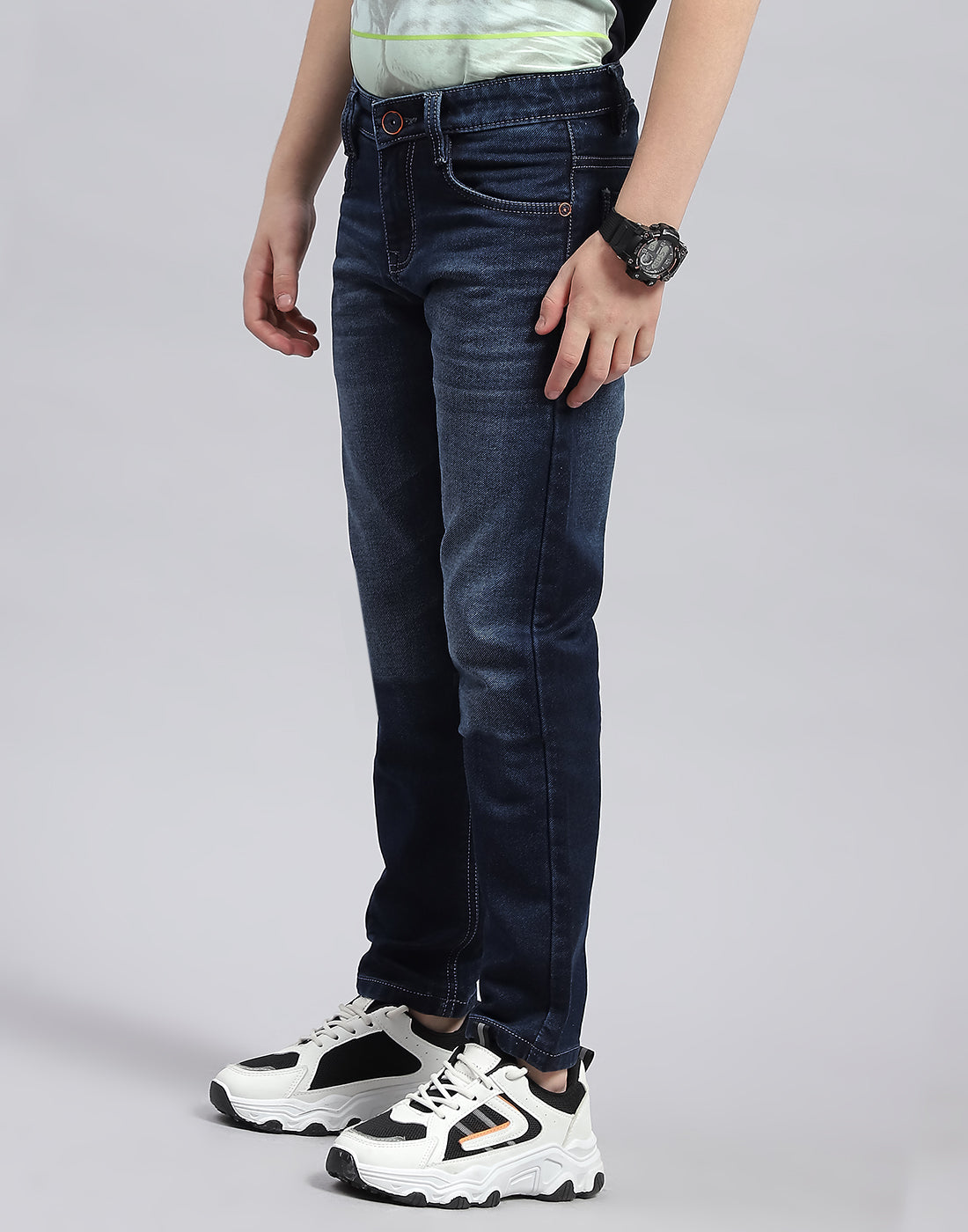 Boys Dark Blue Solid Slim Fit Denim