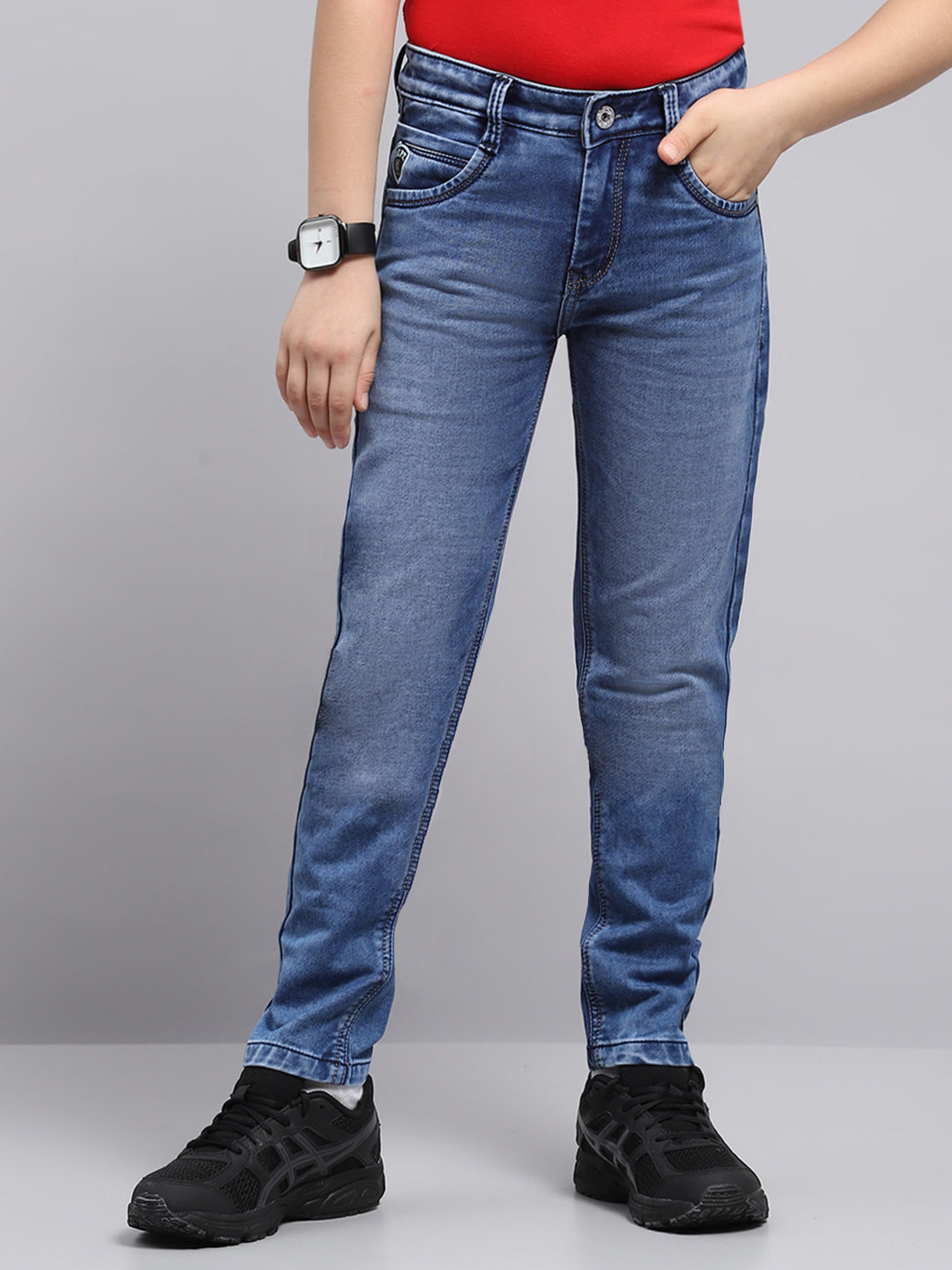 Boys Blue Solid Slim Fit Denim