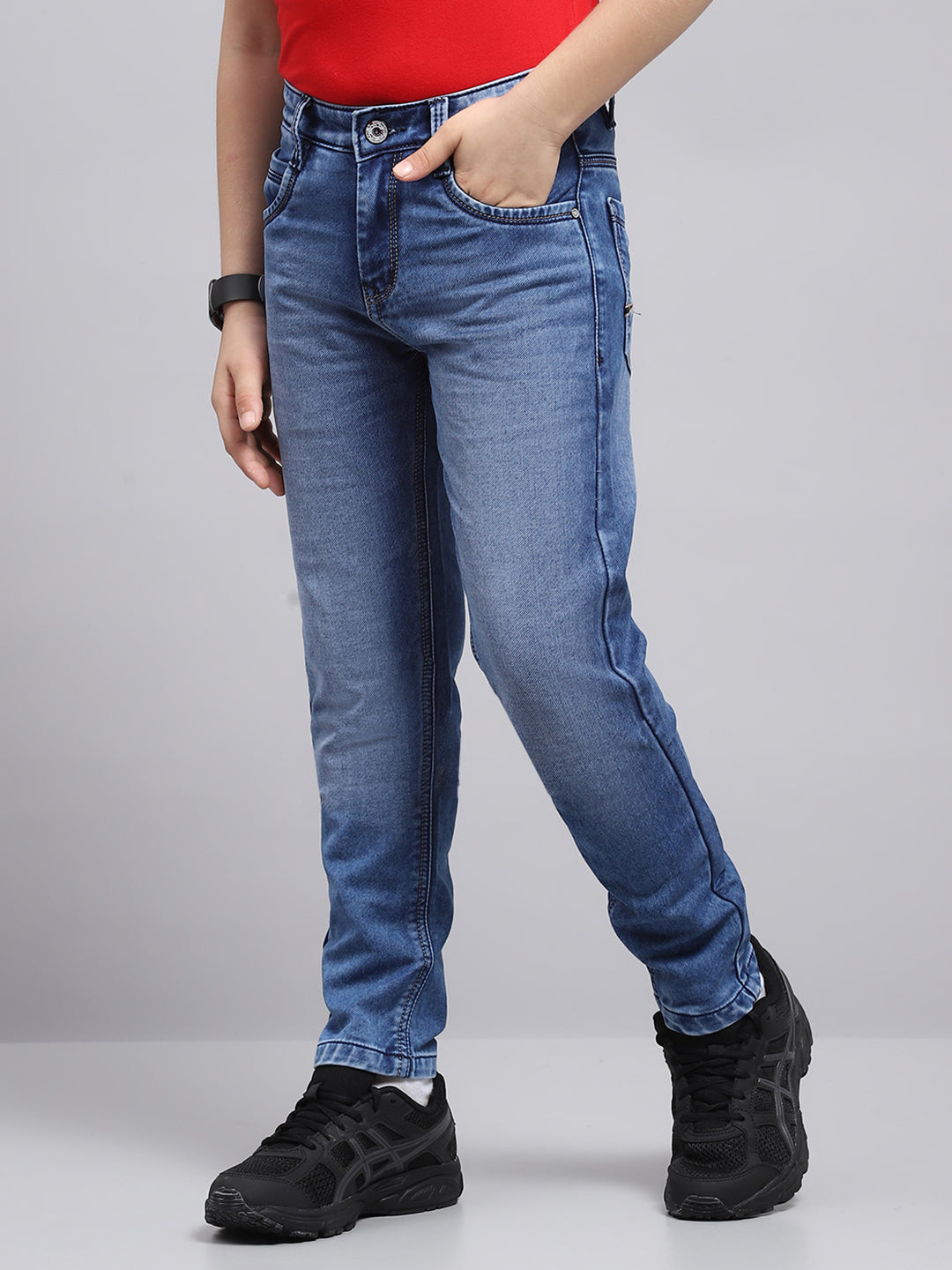 Boys Blue Solid Slim Fit Denim