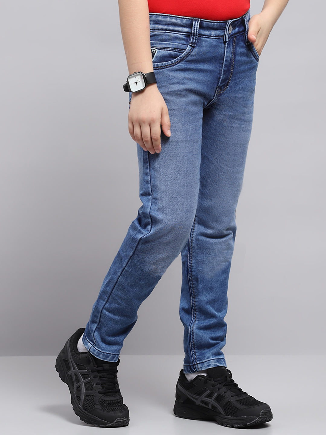 Boys Blue Solid Slim Fit Denim