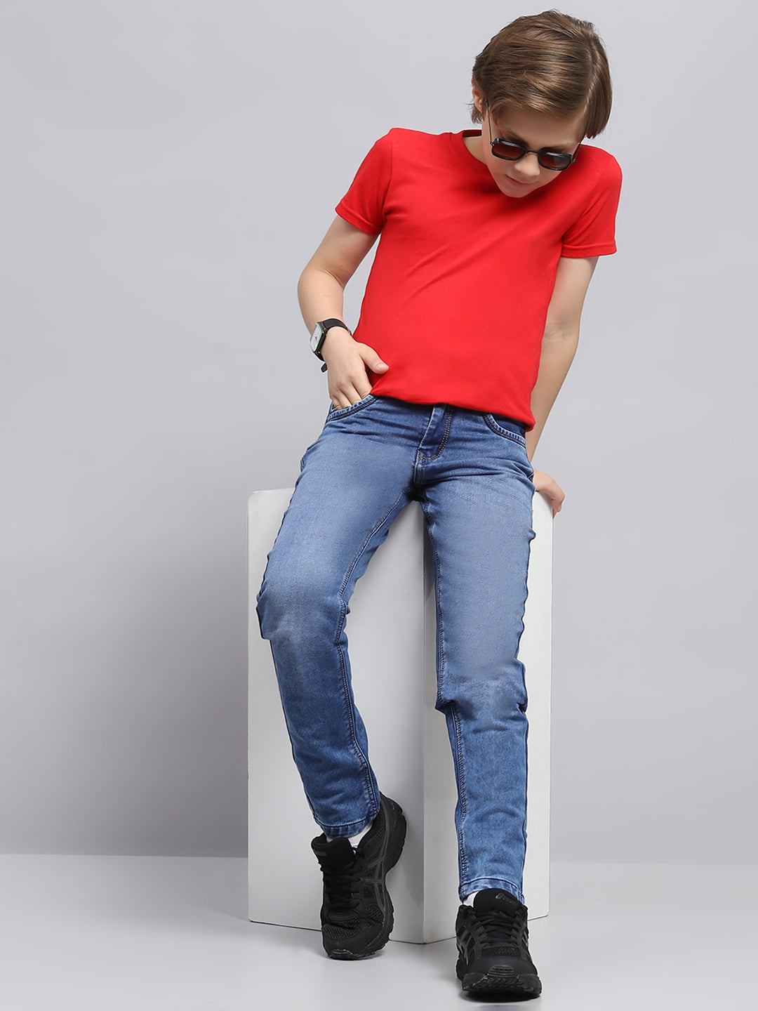 Boys Blue Solid Slim Fit Denim