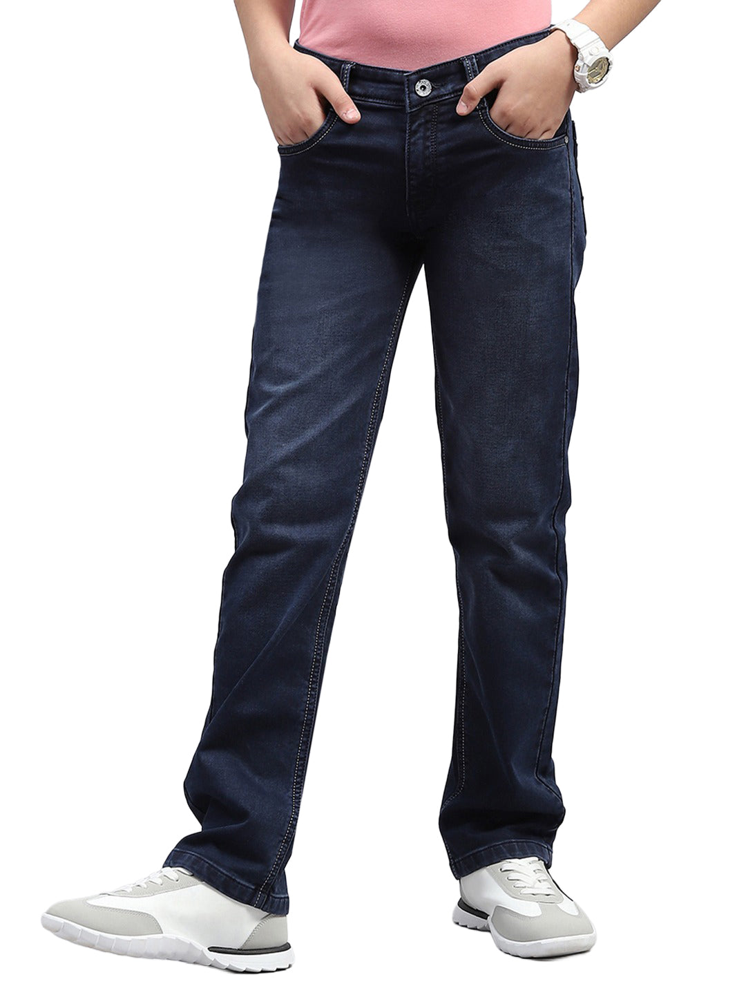 Boys Dark Blue Light Wash Straight Fit Denim