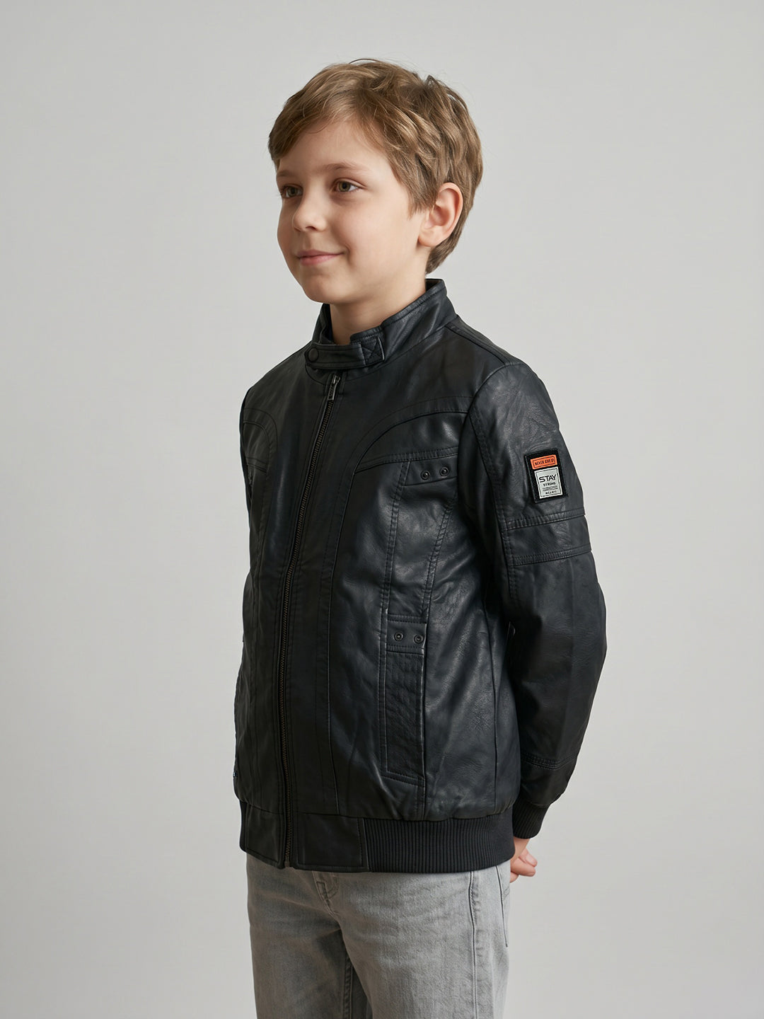 Boys Black Solid Stand Collar Full Sleeve Leather Jacket