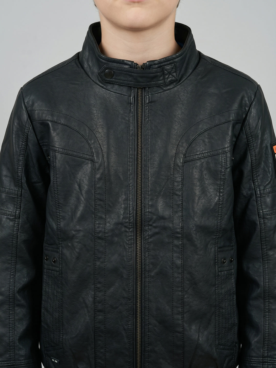 Boys Black Solid Stand Collar Full Sleeve Leather Jacket