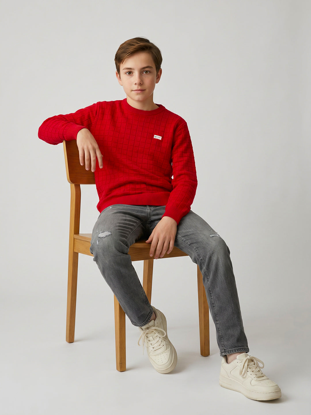 Boys Red Check Round Neck Full Sleeve Pullover