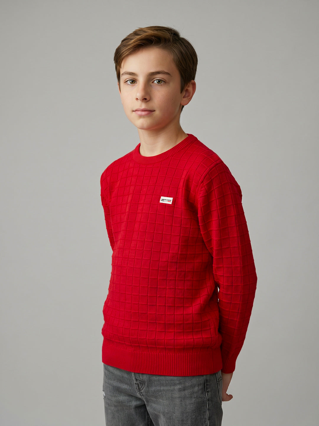 Boys Red Check Round Neck Full Sleeve Pullover