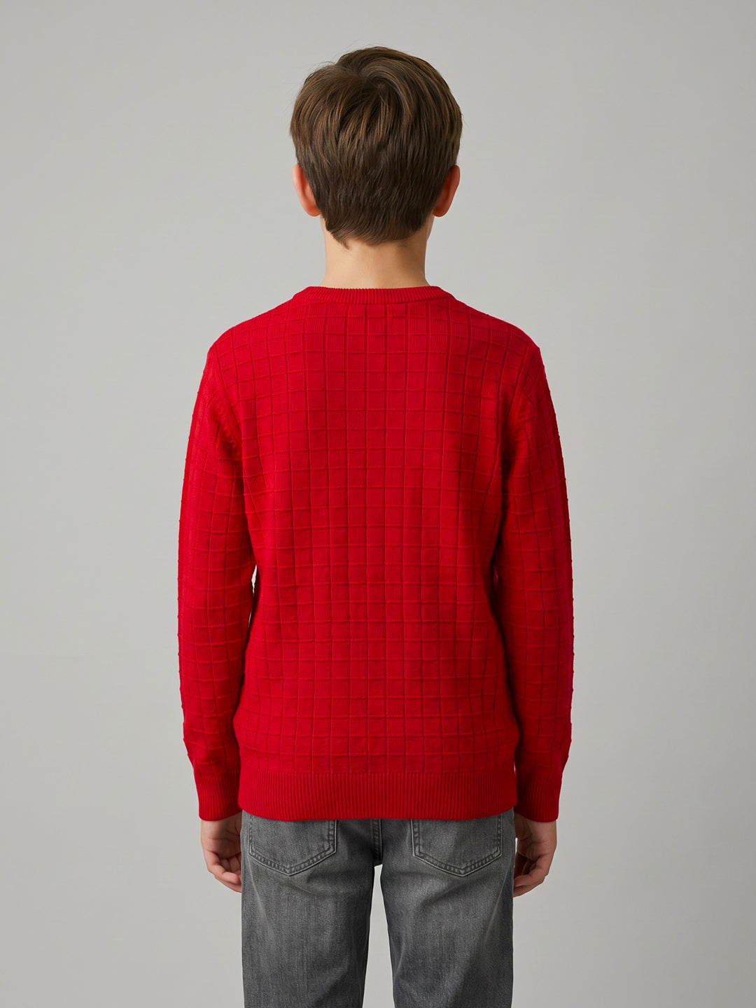 Boys Red Check Round Neck Full Sleeve Pullover