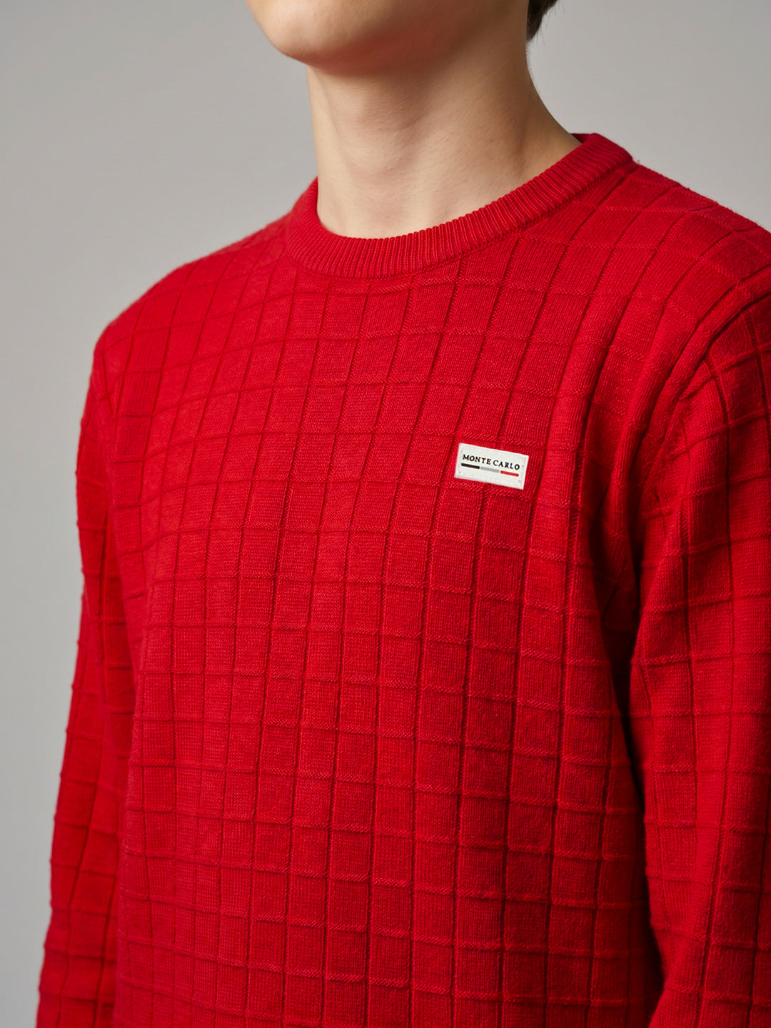 Boys Red Check Round Neck Full Sleeve Pullover