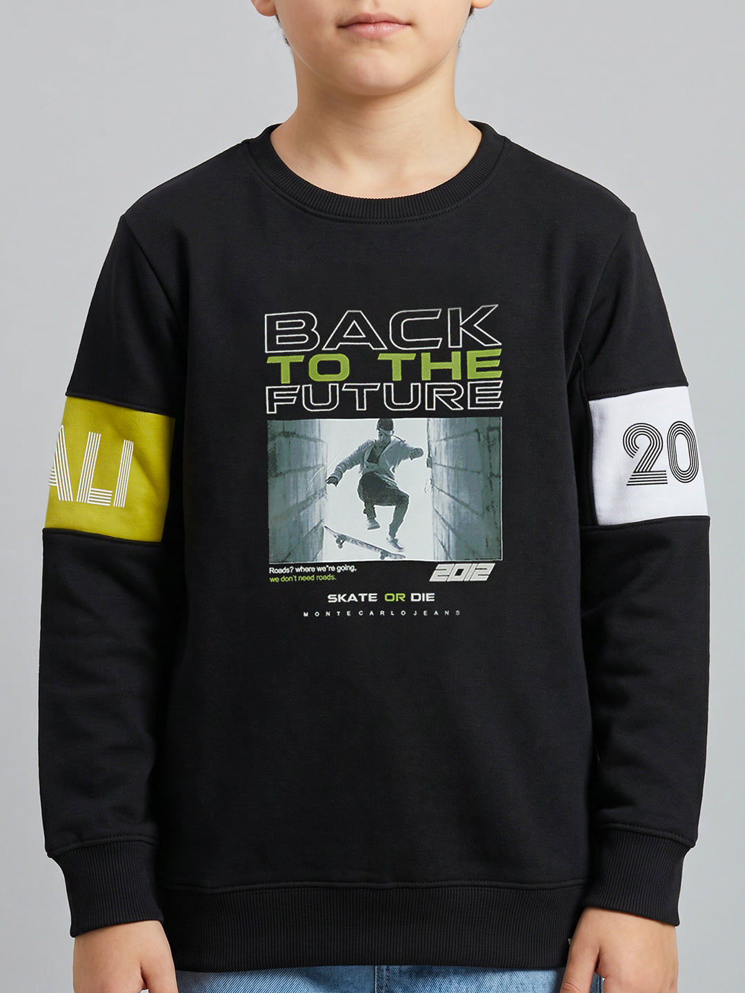 Boys Black Graphic Print Round Neck Full Sleeve Sweatshirt
