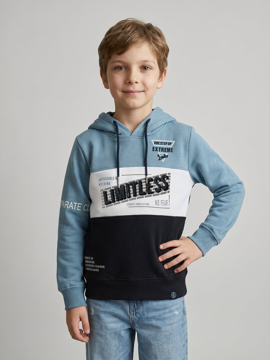 Boys Navy Blue Printed Hooded Full Sleeve Sweatshirt