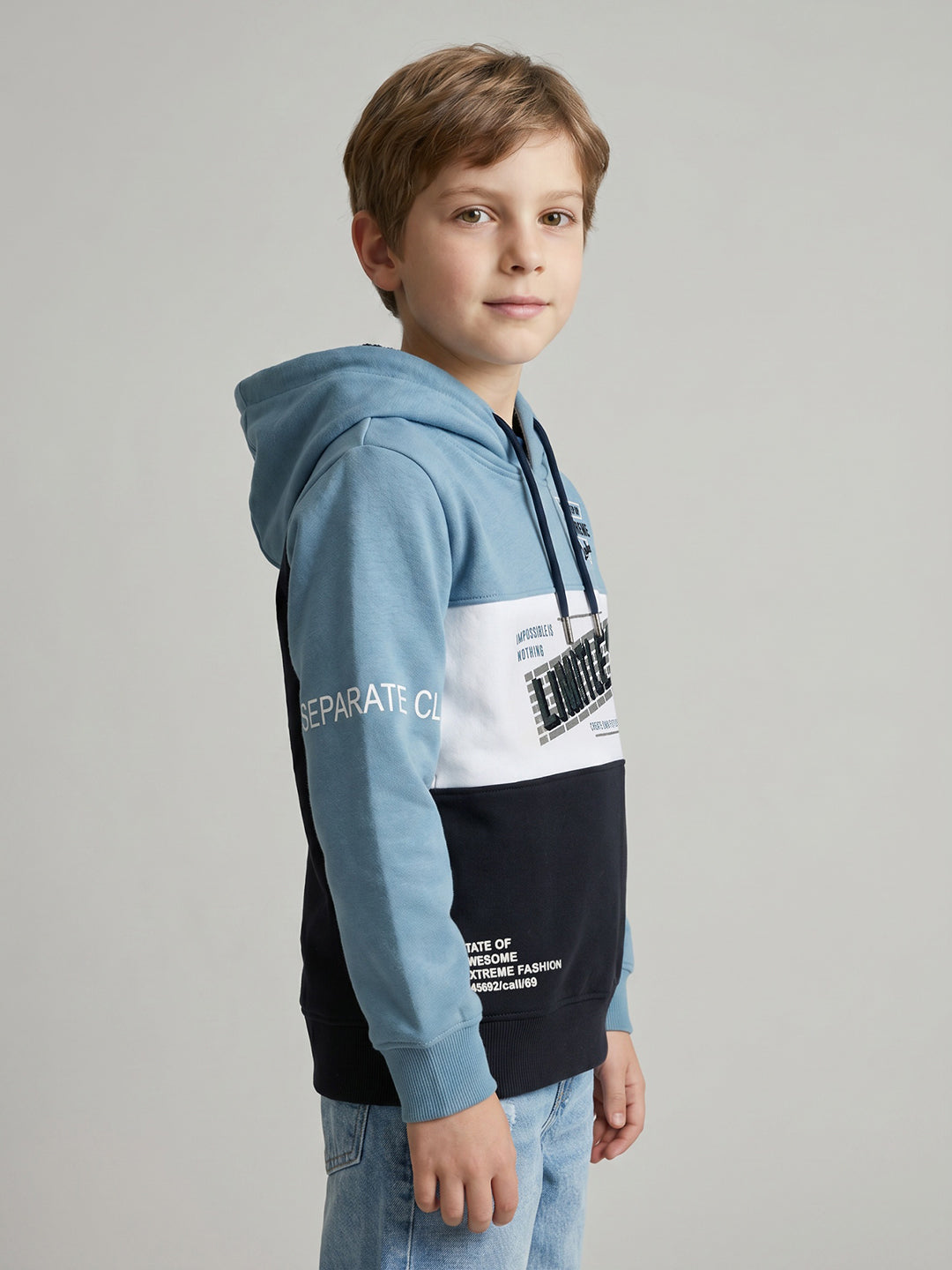 Boys Navy Blue Printed Hooded Full Sleeve Sweatshirt
