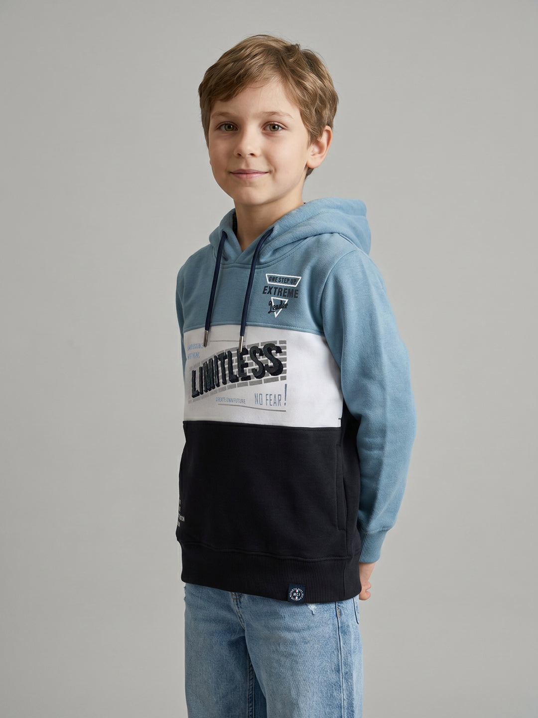 Boys Navy Blue Printed Hooded Full Sleeve Sweatshirt