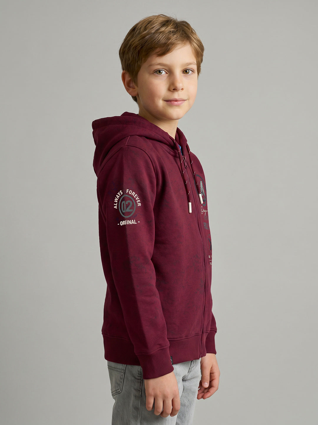 Boys Maroon Printed Hooded Full Sleeve Sweatshirt