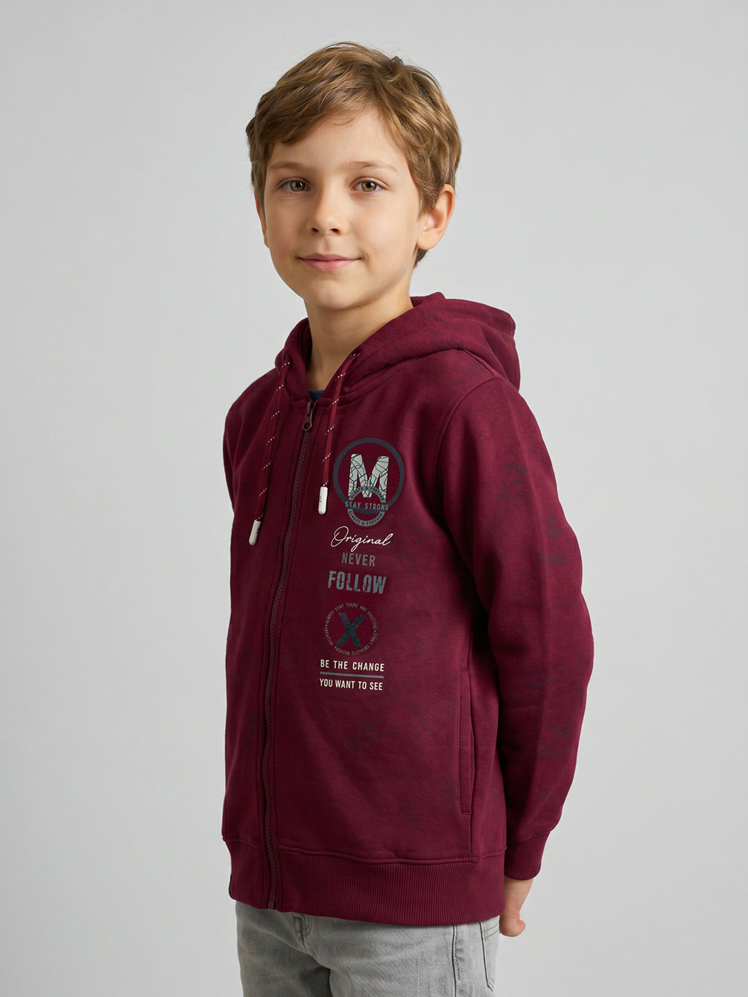 Boys Maroon Printed Hooded Full Sleeve Sweatshirt