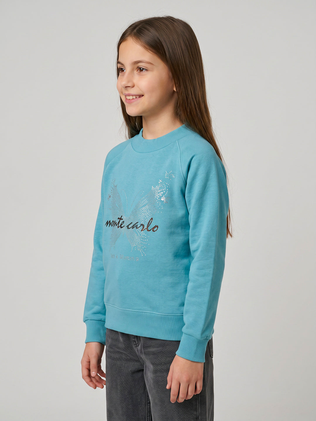 Girls Sky Blue Self Design Round Neck Full Sleeve Sweatshirt