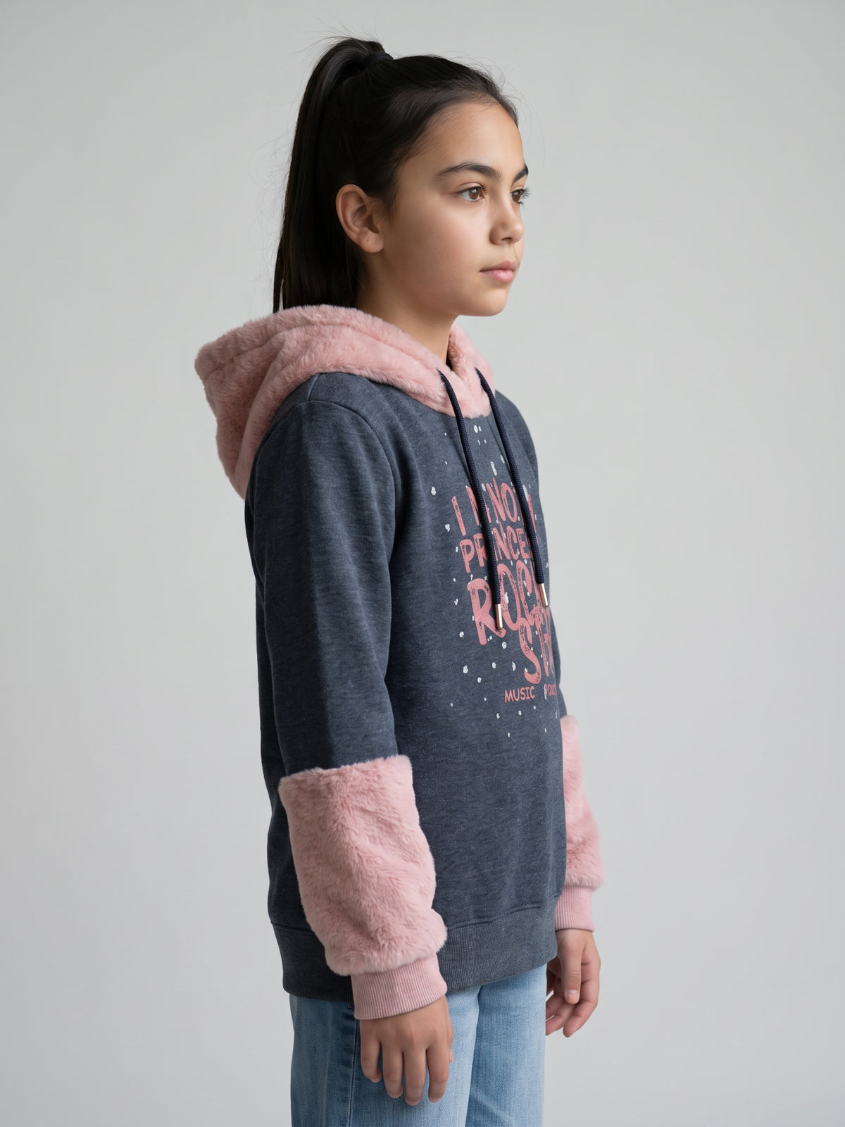 Girls Grey Printed Hooded Full Sleeve Sweatshirt