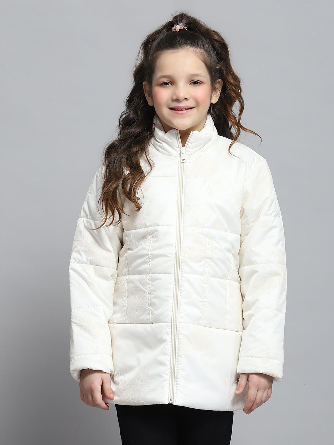 Girls Cream Self Design Mock Neck Full Sleeve Jacket