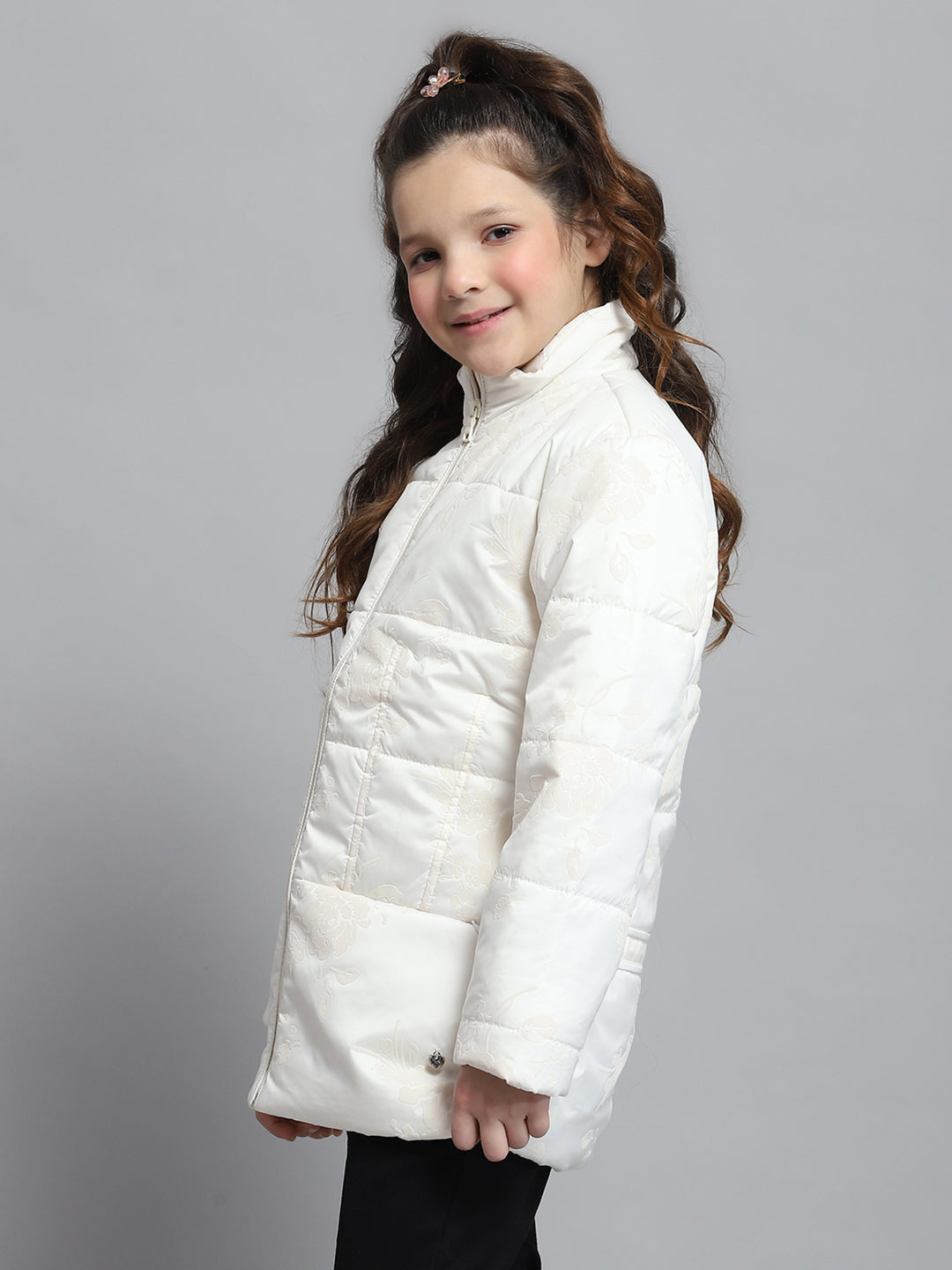 Girls Cream Self Design Mock Neck Full Sleeve Jacket