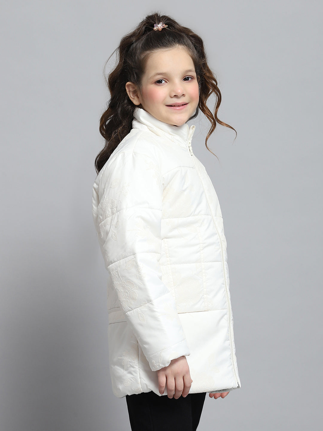 Girls Cream Self Design Mock Neck Full Sleeve Jacket