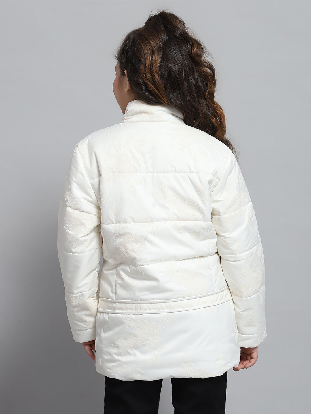 Girls Cream Self Design Mock Neck Full Sleeve Jacket