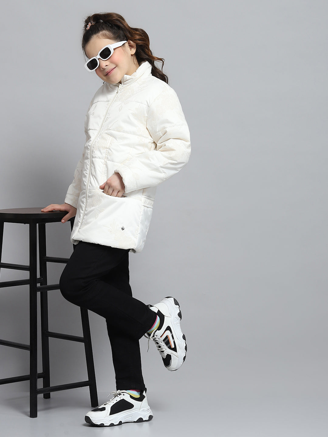 Girls Cream Self Design Mock Neck Full Sleeve Jacket