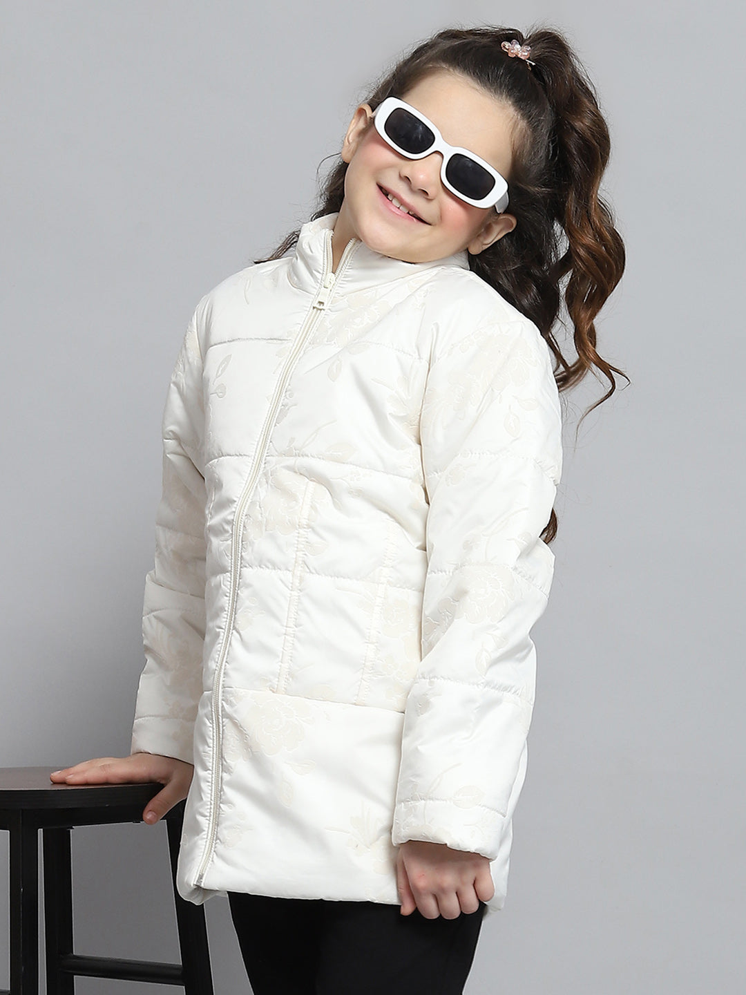 Girls Cream Self Design Mock Neck Full Sleeve Jacket