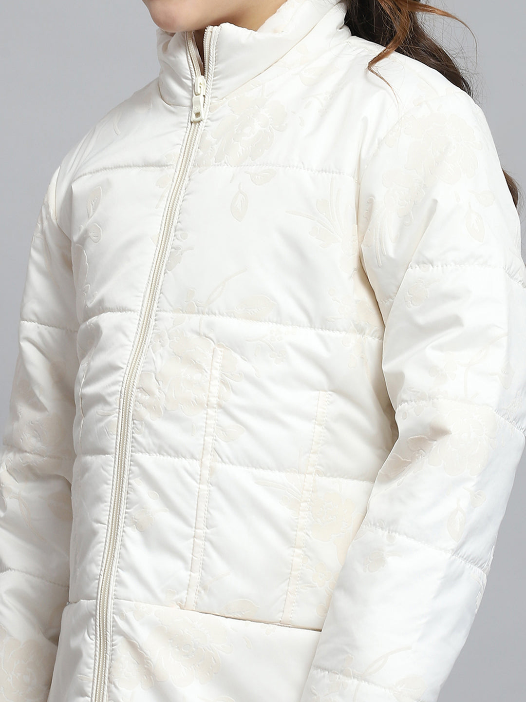 Girls Cream Self Design Mock Neck Full Sleeve Jacket