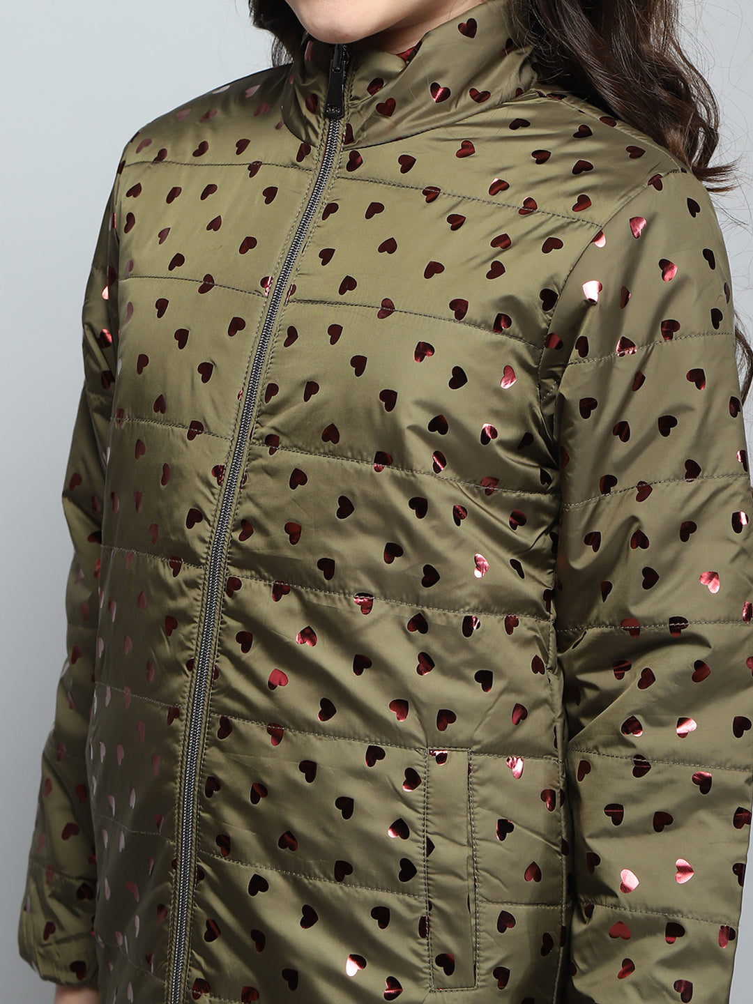 Girls Green Printed Mock Neck Full Sleeve Reversible Jacket