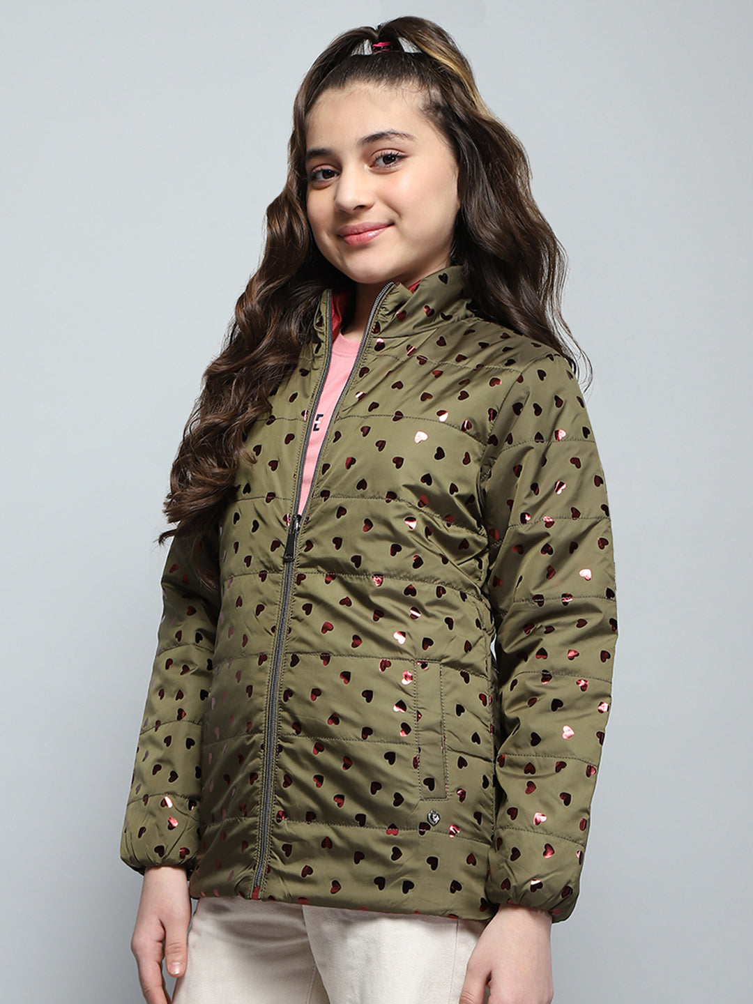 Girls Green Printed Mock Neck Full Sleeve Reversible Jacket