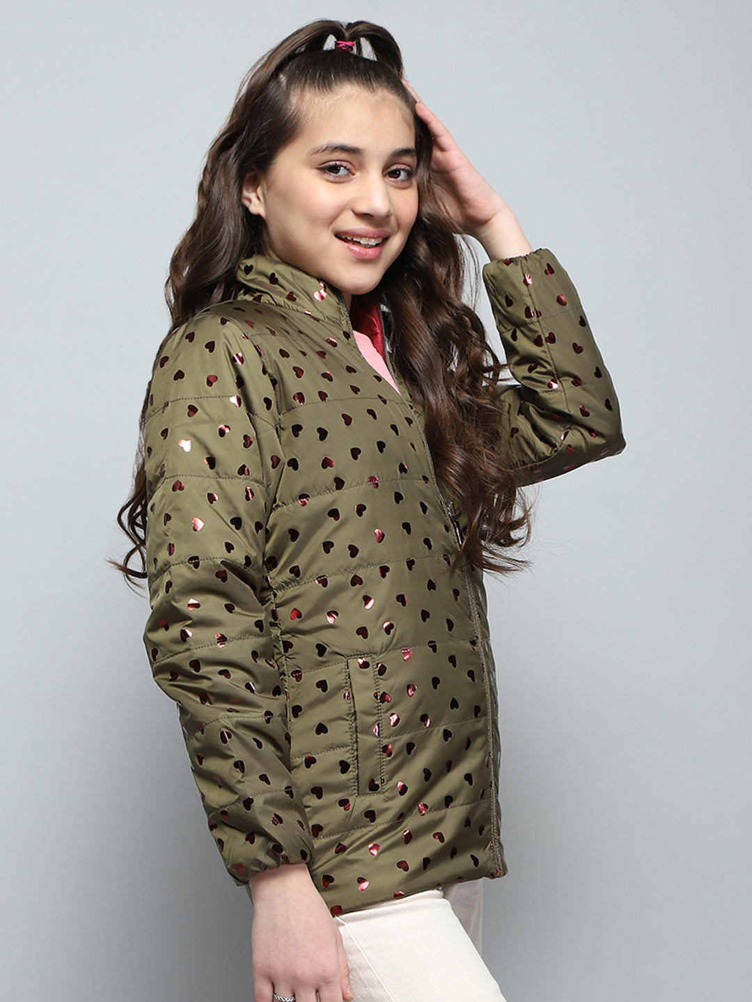 Girls Green Printed Mock Neck Full Sleeve Reversible Jacket